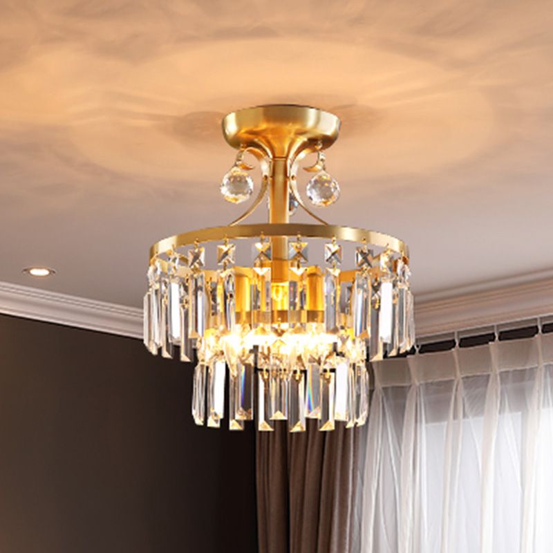 Postmodern a 2 strati tamburi a filo 3 luci prisma cristallino vicino all'illuminazione del soffitto in ottone
