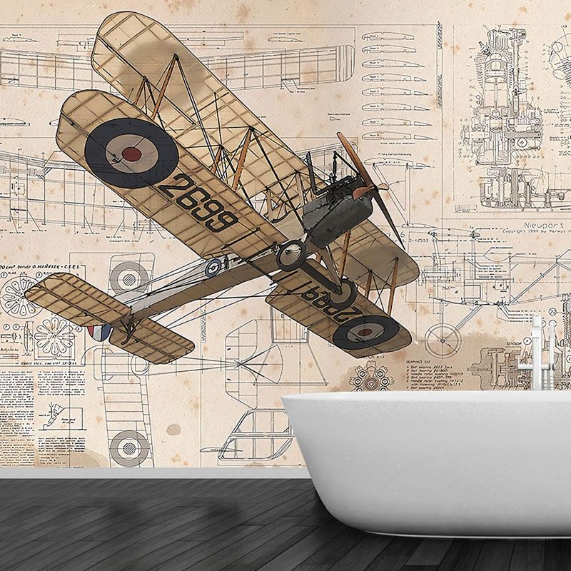 Old Airplane Wall Mural Decal for Children's Bedroom, Neutral Color, Customized Size Available