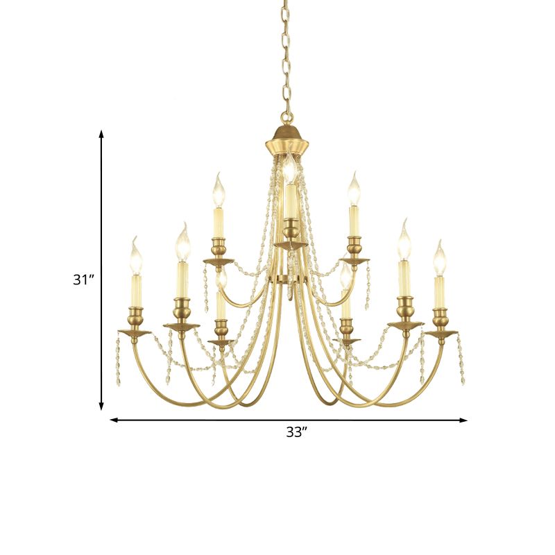 Kit de lumière suspendue à la chandelle Countryside Crystal Swag 9 lumières Gold Finish Chandelier Lampe Ayémand avec bras incurvé