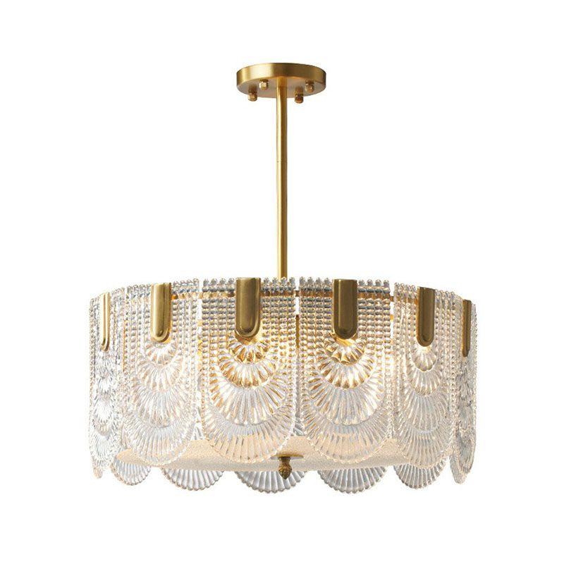 Ribbed Crystal Scalloped Round Chandelier Pendant Light Contemporary Brass Hanging Light