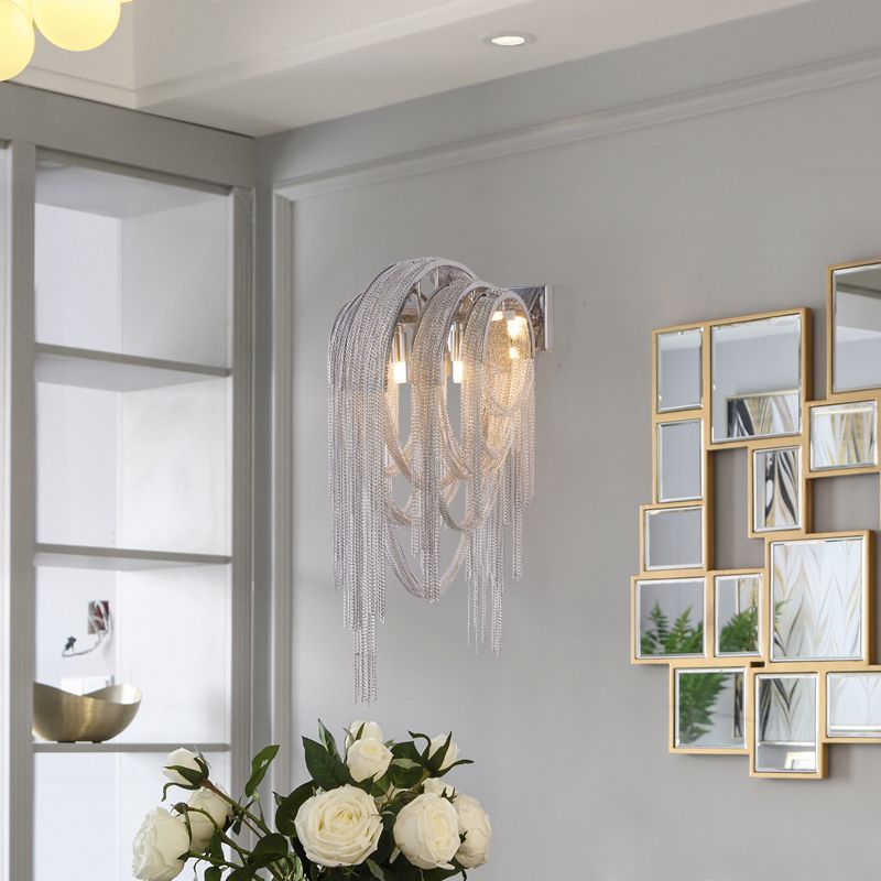 Tassel Sconce Light Fixture Modern Metal Chain 2 Lights Bedroom Wall Light Sconce in Chrome