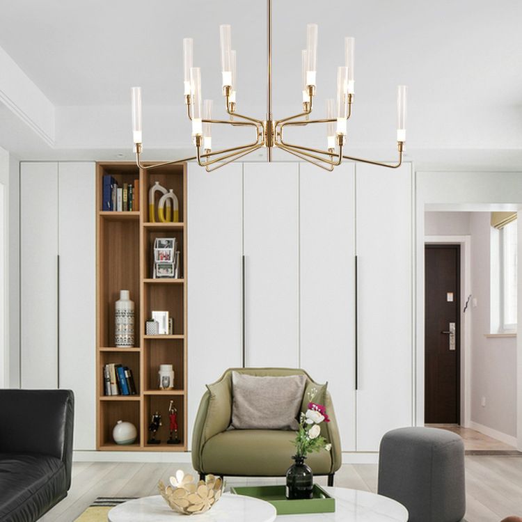 Gold Metal Pendant Light Mid-Century Cylindrical Clear Glass Shade Chandelier Lighting for Living Room