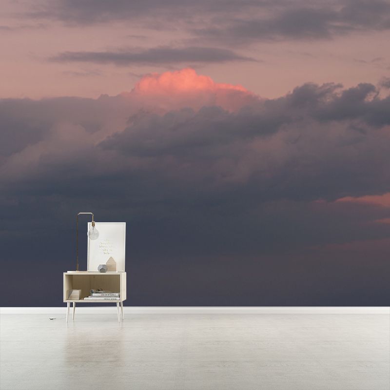 Grey-Orange Dusk Cloud Mural Moisture Resistant Modern Bedroom Wall Art, Optional Size