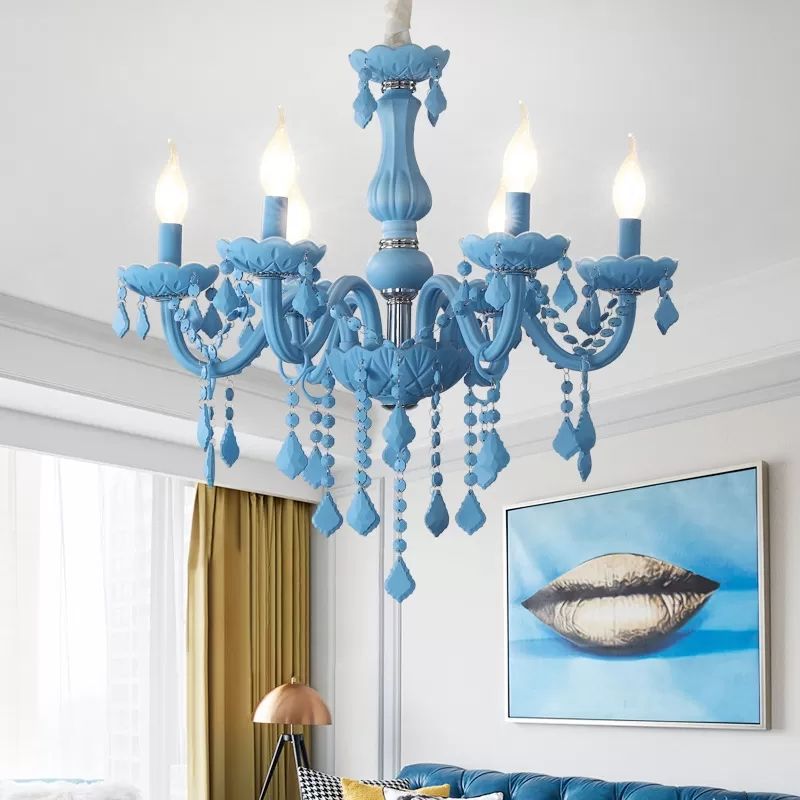 Macaron Élégant Suspension Lumière avec Crystal Deco Candle 6 LIGNES CHANDELIER METAL POUR TEDO