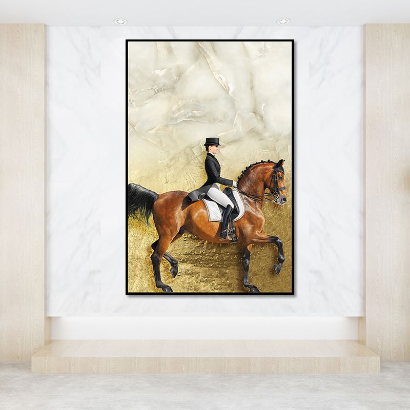 Lady Riding Horse Painting Art Print Vintage Canvas Wall Decor in Brown and Black