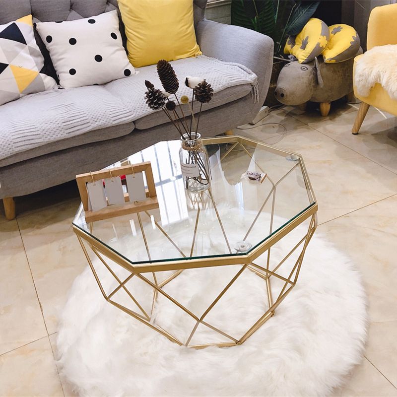 Modern Coffee Table with Glass Top and Iron Frame Base Cocktail Table