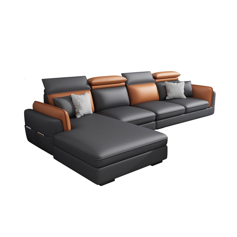 Scandinavian Dark Gray Cushion Back Faux Leather Storage Sofa & Chaise