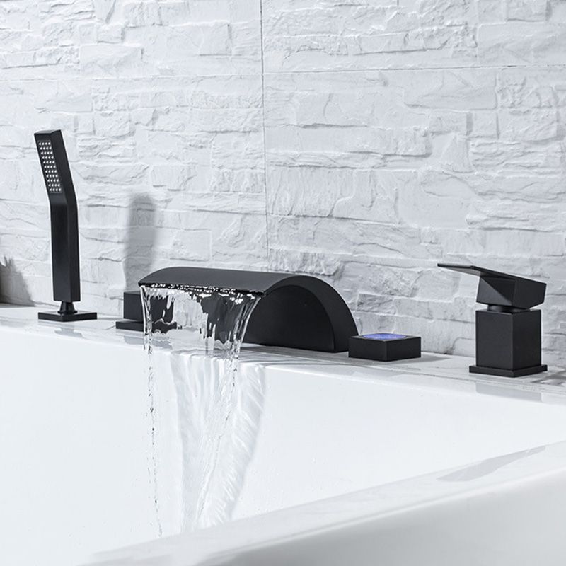 Modern Waterfall Tub Spout 2 Handles Deck Mount Roman Tub Faucet in Black and Chrome