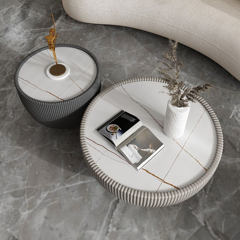 Luxurious Slate Round Pedestal Coffee Cocktail Table in White and Gray