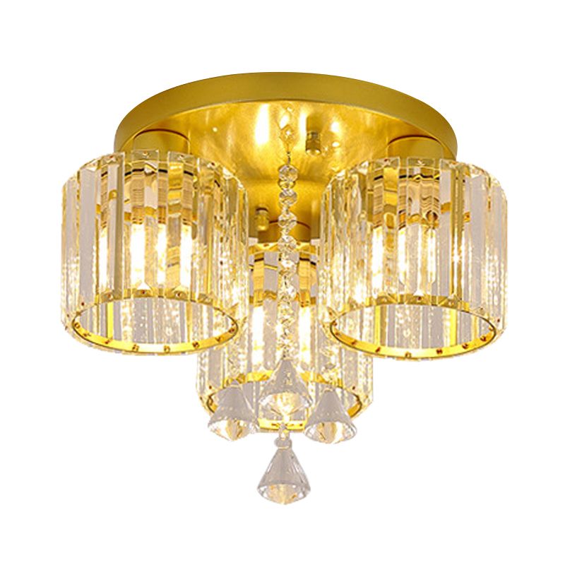 Crystal Prism Gold Finish Ceiling Light Cylindrical 3/5-Head Mid Century Semi Flush Mount Chandelier