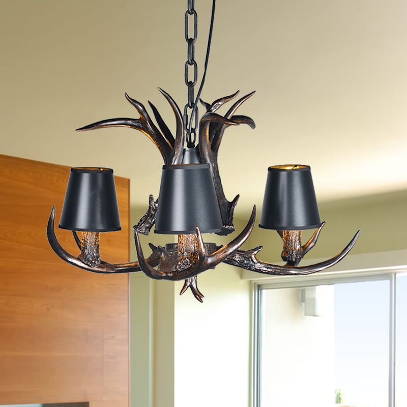 Black 3/6/8 Lights Chandelier Lighting Rustic Resin Conical Pendant Lamp with Faux Antler for Bedroom