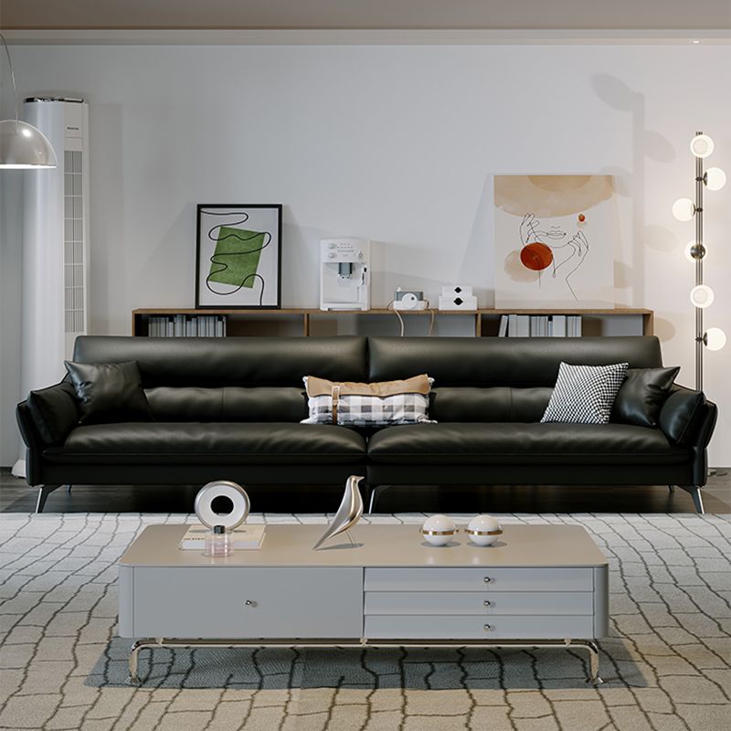 Black Genuine Leather Settee Mid-Century Modern Pillow Top Arm Sofa - 33.5" H