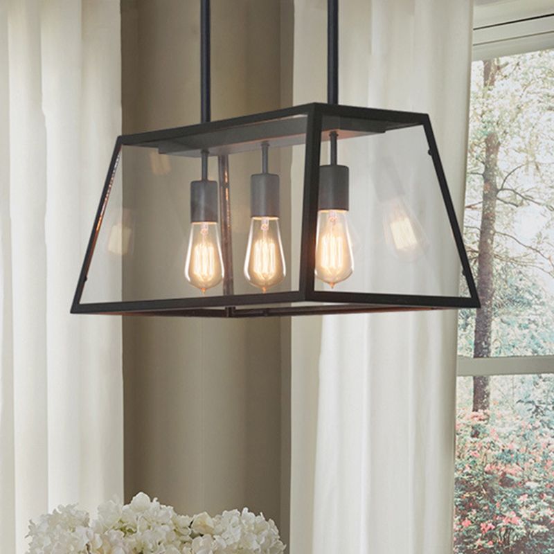3-Bulb Clear Glass Hanging Light Kit Industrial Black Trapezoid Kitchen Island Lighting Fixture