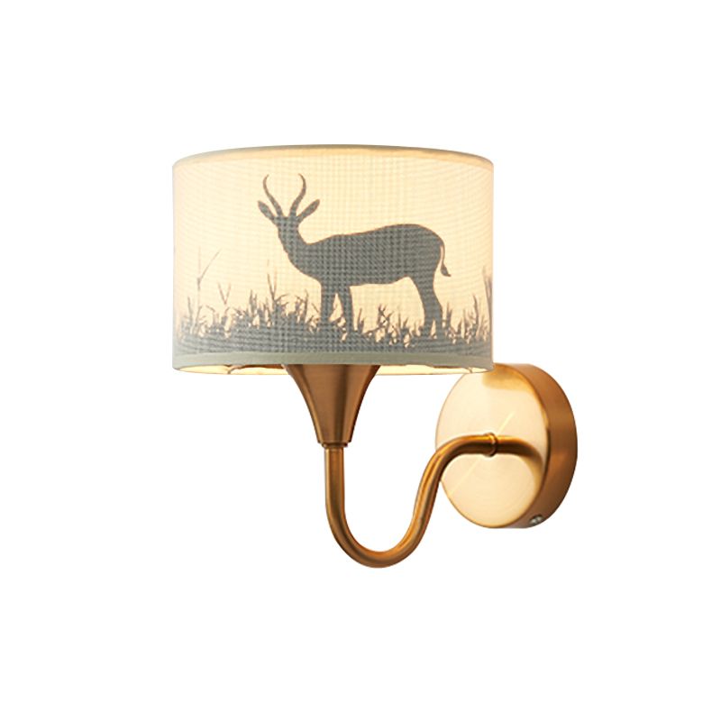 Fabric Drum Wall Mount Lighting Classic 1 Light Bedroom Deer/Leaf Pattern Wall Sconce in Brass with Gooseneck Arm
