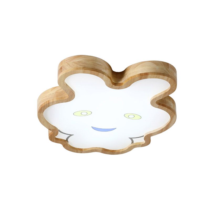 Wood Rabbit Ultrathin Ceiling Lamp Cartoon Brown LED Flush Mount Fixture in Warm/White Light