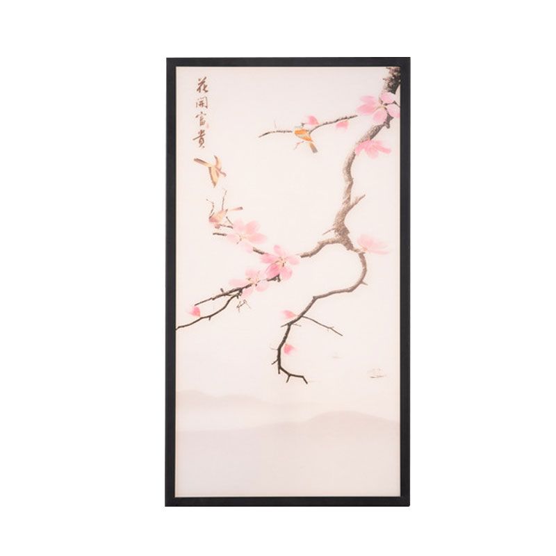 Asian Style LED Wall Mount Mural Light Black Bird and Peach Blossom Painting Sconce with Fabric Shade, 18"/29.5" H