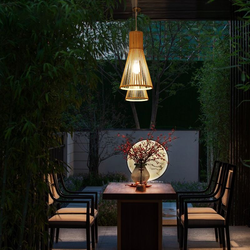 Bamboo Horn-Shaped Ceiling Light Asian Style 1 Bulb Ceiling Lighting for Tea Room