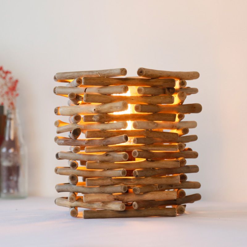 Lampada da scrivania piccola cilindrica in legno Asia con 1 lampadina, illuminazione da lavoro marrone per camera da letto, larghezza 8"/10".