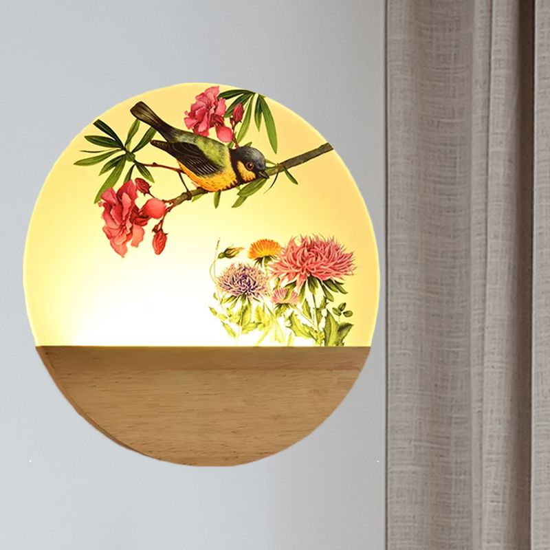 Wood Round Bird and Tree Mural Light Chinese Style LED Acrylic Wall Lighting Idea for Bedside
