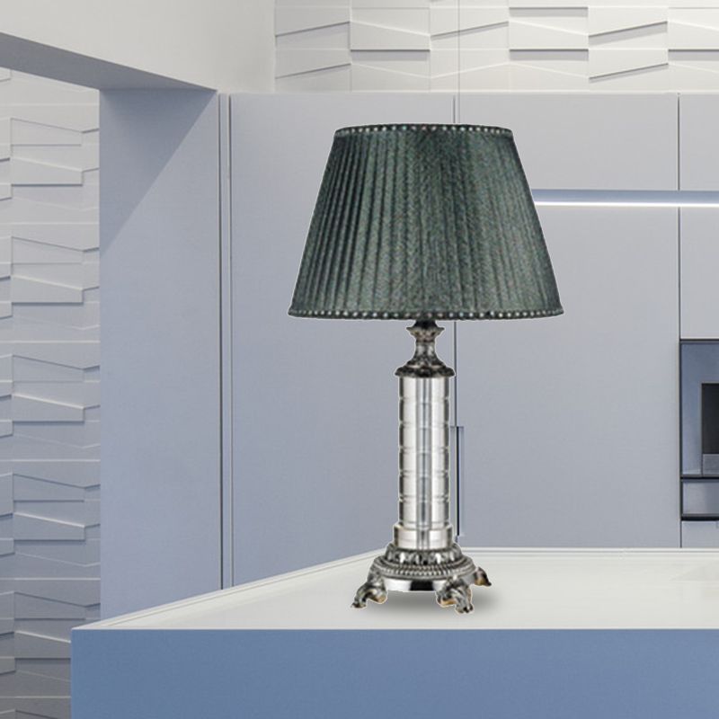 Geplooide stoffen tafellamp Moderne 1-kops groene bureaulamp met gesneden bronzen metalen voet