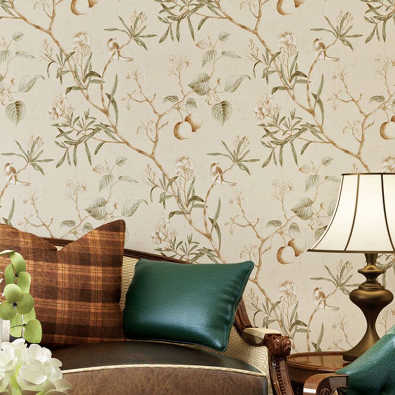 Plaster Wallpaper Roll with Beige and Green Apple Tree Design, 33'L x 20.5"W