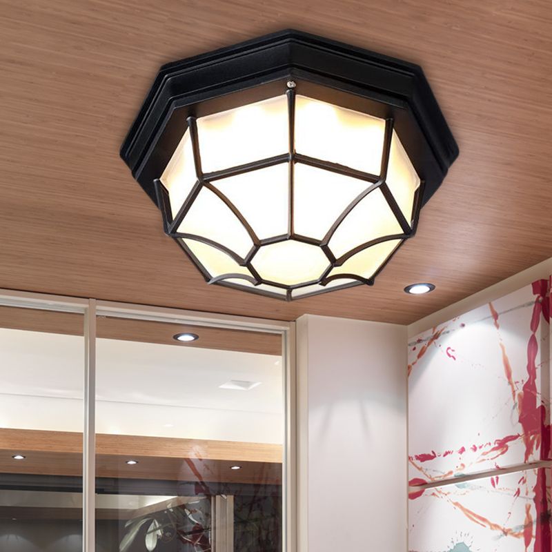 Octagonal Bedroom Flushmount Lodges Opal Glass 1-Head White/Black Finish Flush Mount Lamp Fixture
