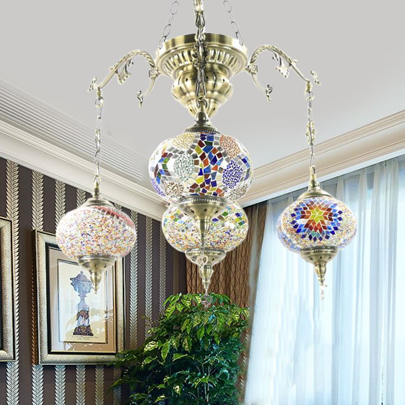 Bronze 4/6 Heads Pendant Chandelier Vintage Hand Cut Glass Oval Pendant Ceiling Light