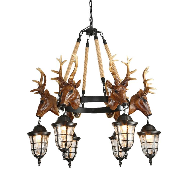 Traditional Wagon Wheel Hanging Lamp 6 Bulbs Resin Chandelier Light Fixture with Deer Head in Brown