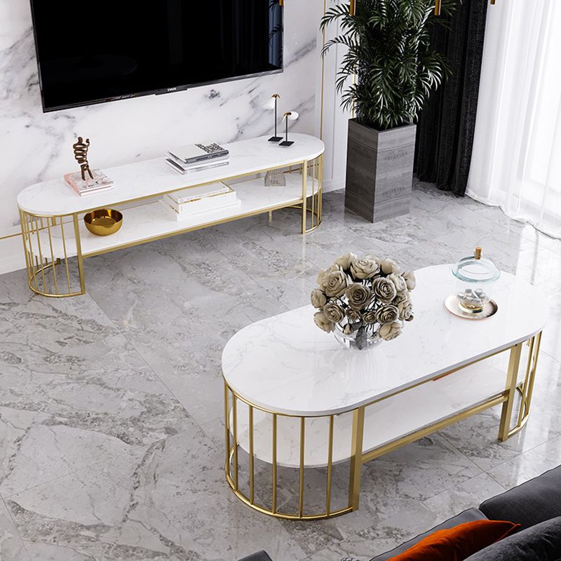 Glam Oval Marble Coffee Table 17.7"H Steel Sled Cocktail Table with Shelf