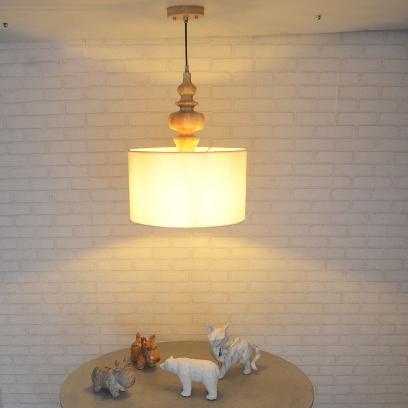 Off White Fabric Shade Chandelier, Adjustable Chain with Wood Accents