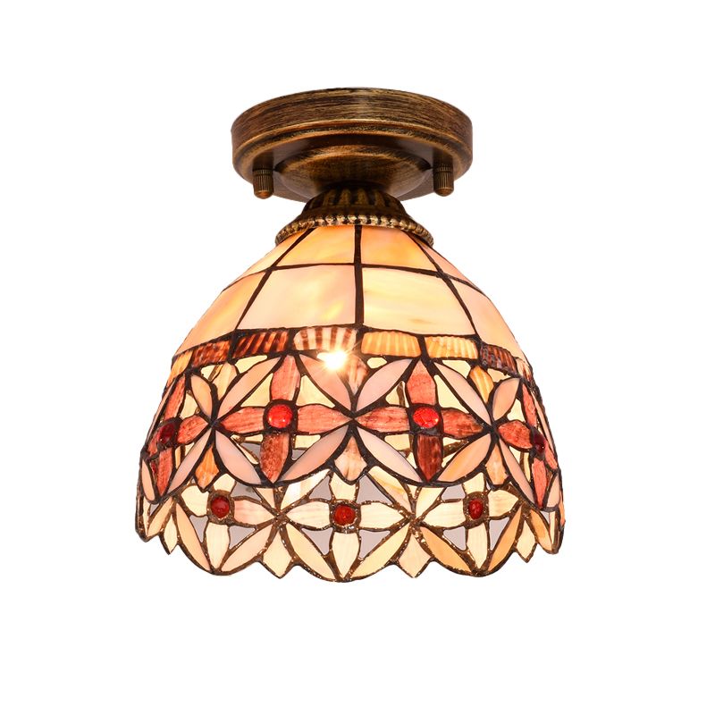 Tiffany Floral Bell Flush Mount 1-Light Shell Ceiling Light Fixture in Beige/Red-White/Pink for Living Room