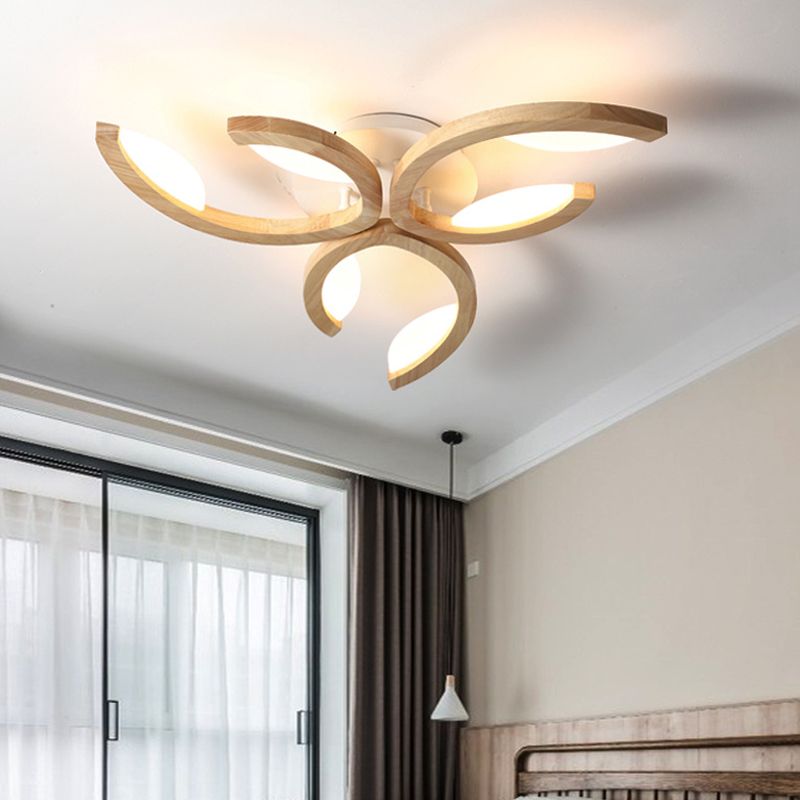 Multi Light Floral LED Ceiling Lamp Modern Fashion Wood Semi Flush Mount Light for Living Room