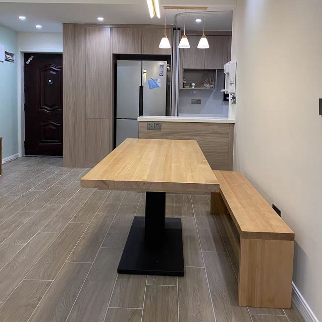 Solid Wood Rectangle Dining Table Modern Kitchen Wood Table with Metal Pedestal