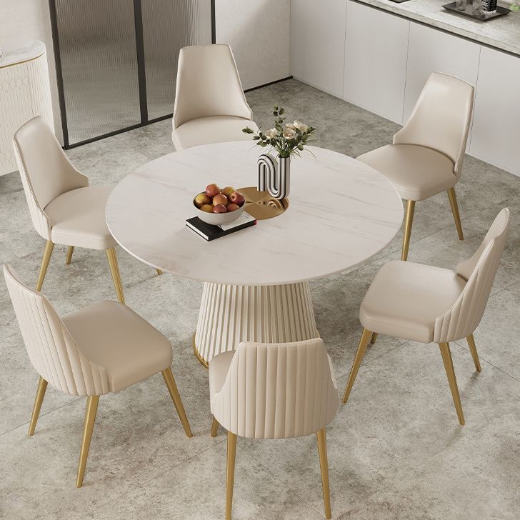 Stone Top Dining Table Round Table with Wood Pedestal Base in White