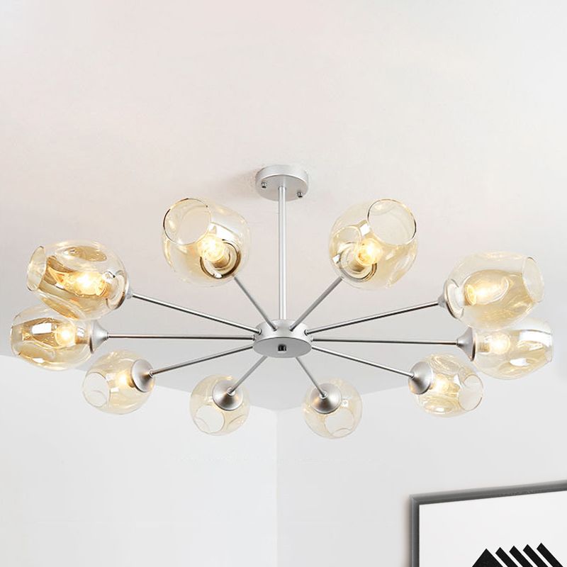 Contemporary 10 Bulbs Chandelier Lamp Silver Cup Hanging Pendant Light with Amber Glass Shade