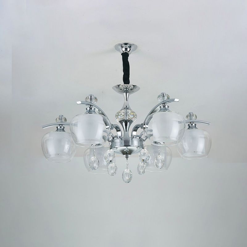 Chrome Sputnik Hanging Chandelier Modern Clear Glass 6-Light Bedroom Pendant with Crystal Drop