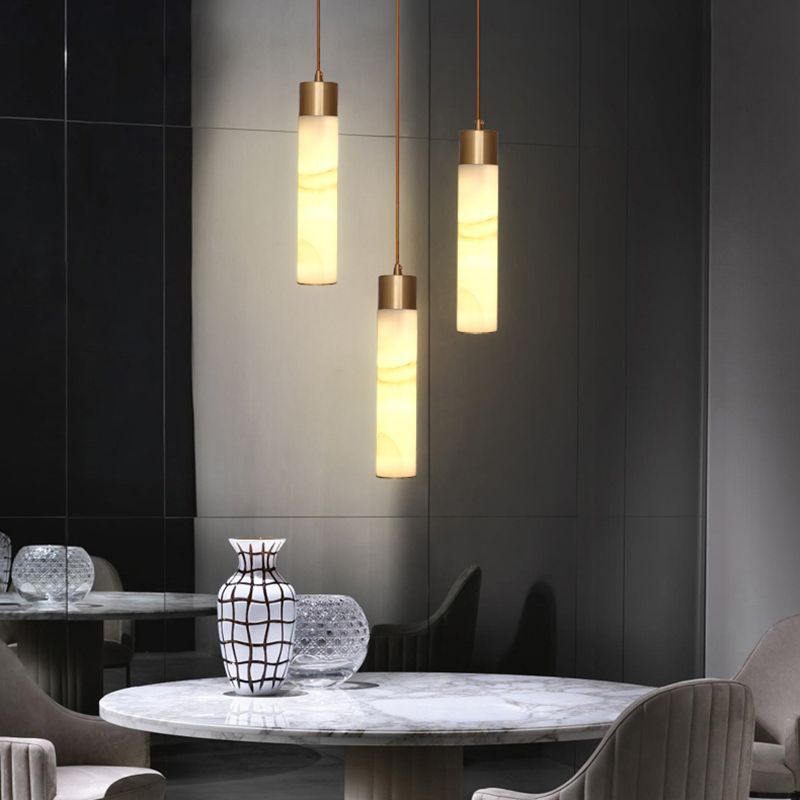 Nordic Strip Shade Pendant Light, Minimalist Marble with Brass Top Hanging Light