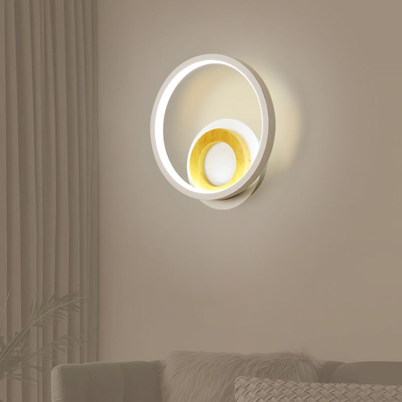 Double Ring Acrylic Wall Lamp Nordic White and Wood LED Wall Mount Lighting in Warm/White Light for Home