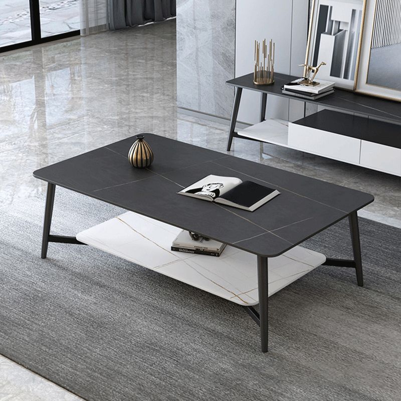 Modern Coffee Table with Storage Shelf and Black Metal Cross Base
