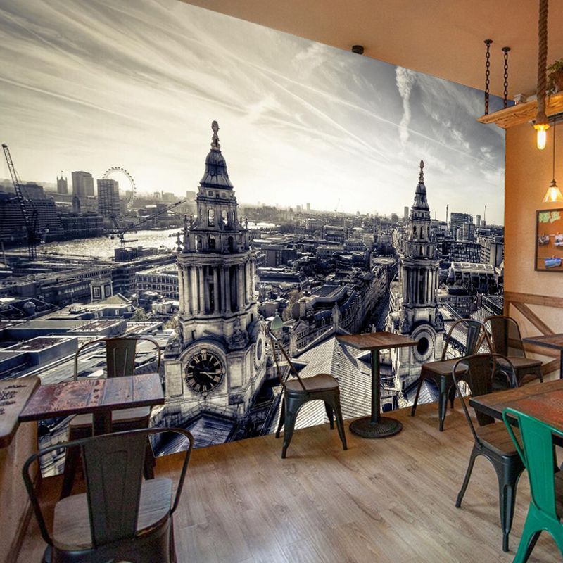 European Classic Murals for Coffee Shop and Restaurant, Street View and Church in Grey and White, Customized Size Available