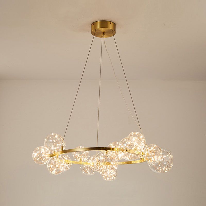 Orb Bedroom Hanging Chandelier Clear Glass Starry LED Modern Ceiling Suspension Lamp in Gold