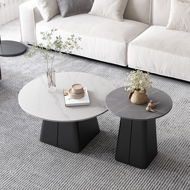 Modern Steel Pedestal Coffee Table Round Slate Top Table Set