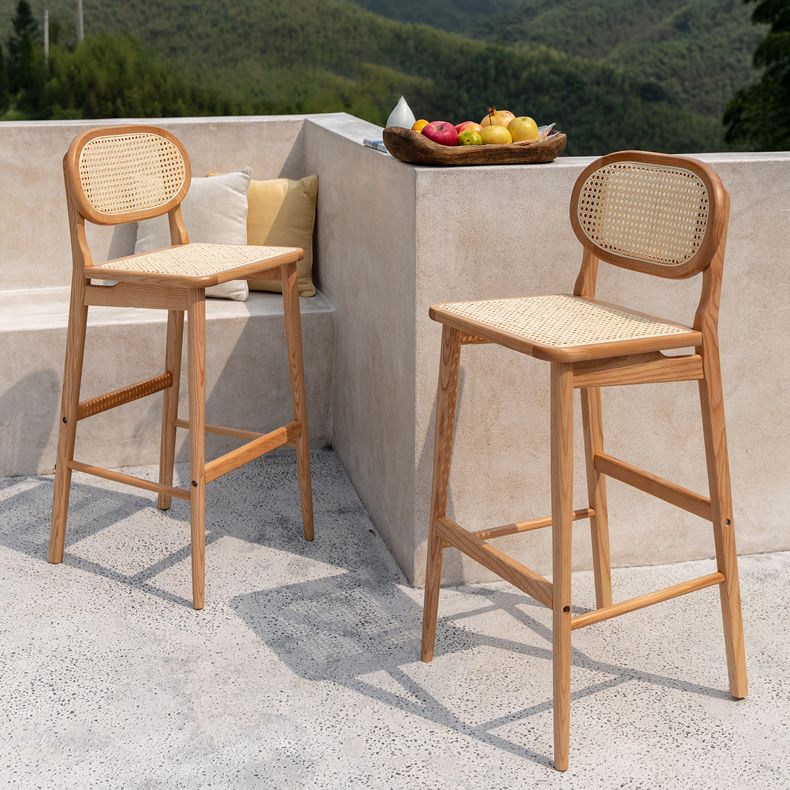 Contemporary Ash Wood Bar Stools Indoor Rattan Low Back Stool