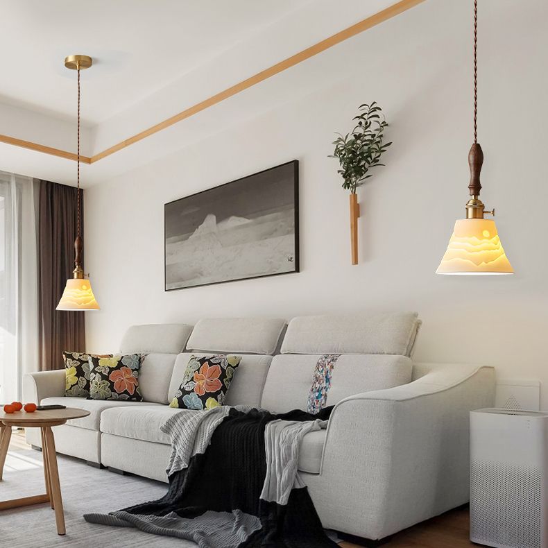 Ceramic Shaded Hanging Light Fixture Vintage 1 Head Dining Room Suspension Light in Brass