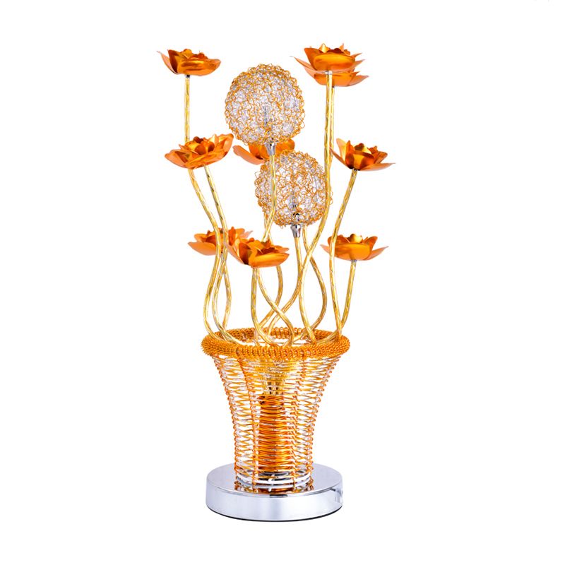 Basket-like aluminium Desk Art Art Decor LED Vine Vine Vine Night Table Lampe avec fleur et décoration orbe en or / argent