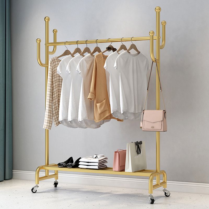 Classic Metal Clothes Hanger Castors Detail Free Standing Coat Rack with Storage Shelving