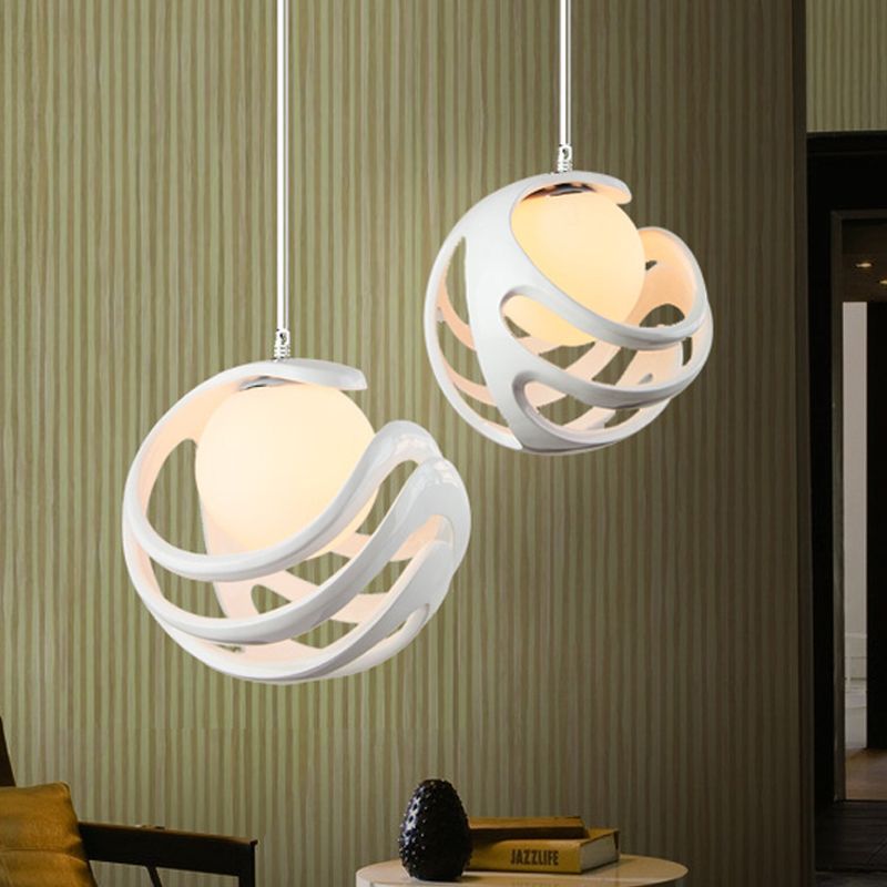 Resin Curled Cage Pendant Lighting Modern 1 Bulb White Ceiling Lamp with Orb Milk Glass Shade