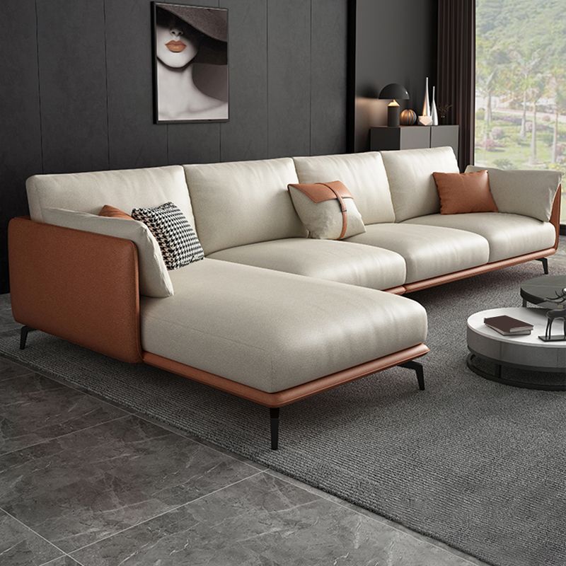 Square Arm Sectional Stain Resistant Sofa Chaise Beige Faux Leather