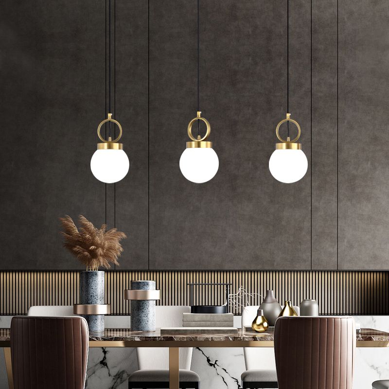 Ball Pendulum Light Simple Opal Glass Single Dining Room Pendant Lamp with Gold Ring Top