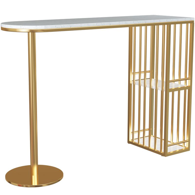 Glam White Faux Marble Pub Bar Table Iron Double Pedestal Bar Dining Table with 2-Shelf